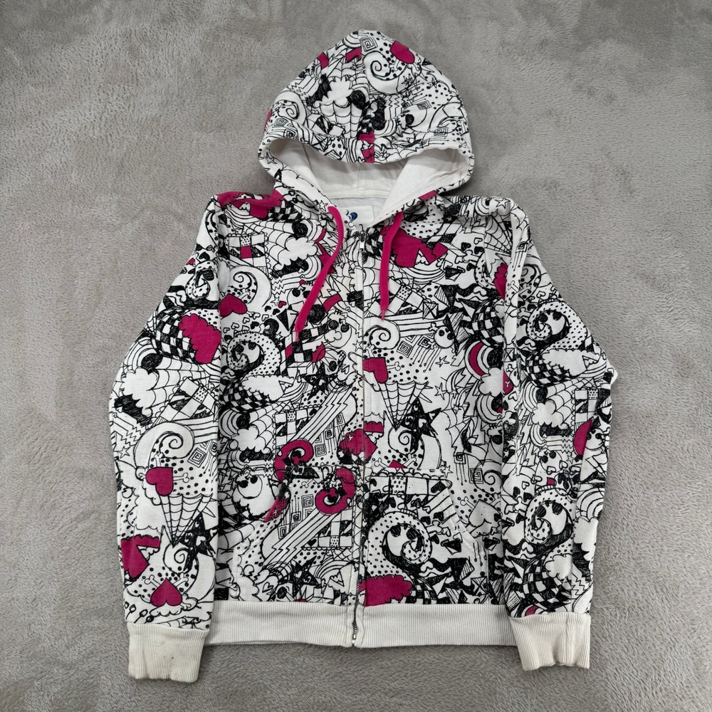 Full Tilt Mens Large White Doodle Print Zip Up Hoodie Preowned Stains